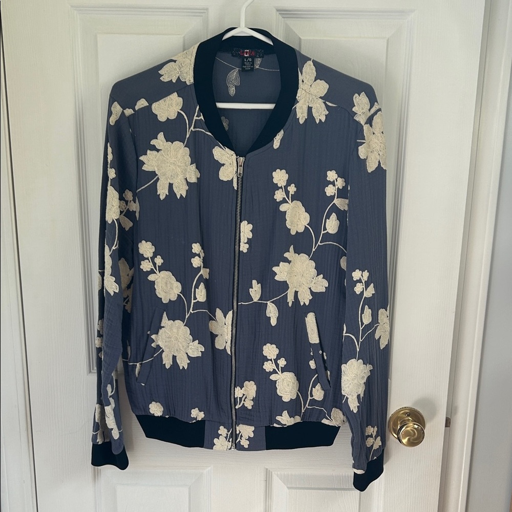 Floral Bomber Jacket - Navy and Cream